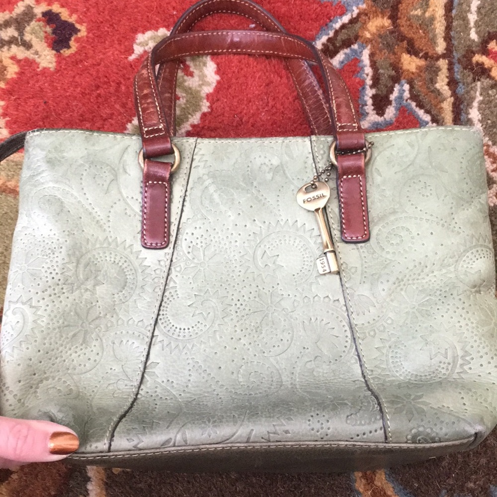 Fossil purse green with brown leather straps